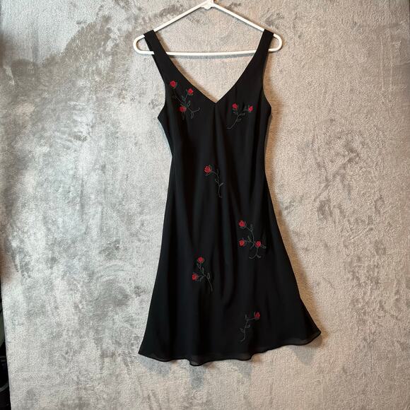 Y2K Vintage Black Dress Red Rose Embroidered Soft Grunge Fairycore Romantic Sz 4 - Picture 1 of 5